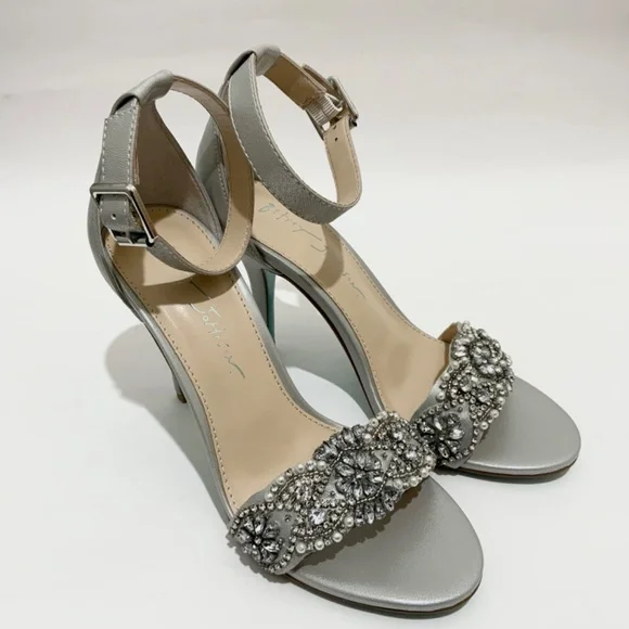 Betsey Johnson Gina Jeweled Ankle Strap Dress Sandals Silver Satin Stiletto Heel - Picture 7 of 14
